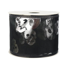 Load image into Gallery viewer, Habicraft - SIlver Skulls Black Wired Organza Ribbon - 63mm Wide x 9.14m Reel