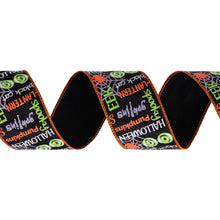 Load image into Gallery viewer, A Halloween-themed decorative ribbon with a black base printed with orange, green, and white spooky text and graphics, including 'Halloween', 'Spooky', 'Pumpkins', and 'Black Cat'.