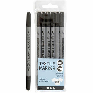 Creativ - Double Tip Permanent Fabric Textile Markers - Black - Pack of 6