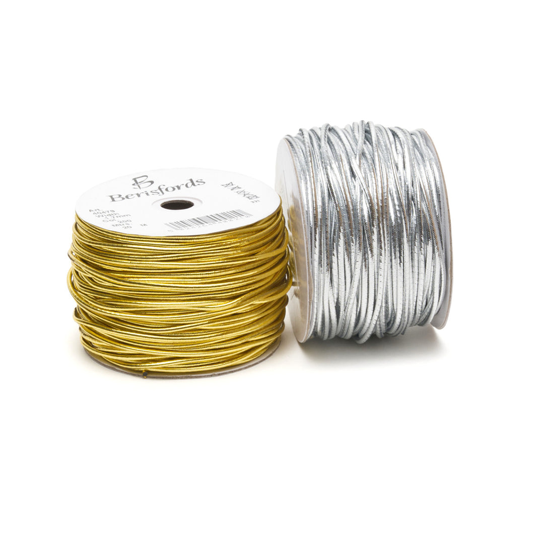 Berisfords - Lurex Round Elastic - 1.7mm Diameter x 20m Roll - Gold or Silver