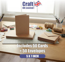 Load image into Gallery viewer, Craft UK - Kraft Recycled Blank Cards &amp; Envelopes 5" x 7" (50 Pack)
