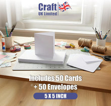Load image into Gallery viewer, Craft UK - White Blank Cards &amp; Envelopes 5" x 5" (50 Pack)
