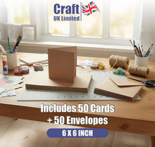 Load image into Gallery viewer, Craft UK - Kraft Recycled Blank Cards &amp; Envelopes 6" x 6" (50 Pack)
