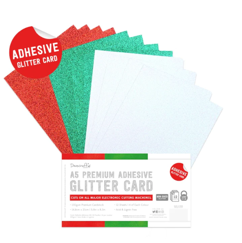 Dovecraft - A5 Premium Adhesive Glitter Card - 12 Sheets - Festive