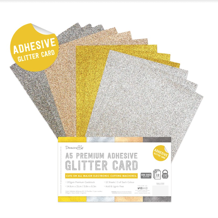 Dovecraft - A5 Premium Adhesive Glitter Card - 12 Sheets - Metallic