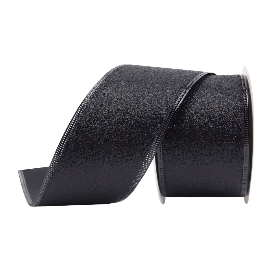 Habicraft - Wired Glitter Ribbon - 63mm Wide x 9.2m Roll - Black