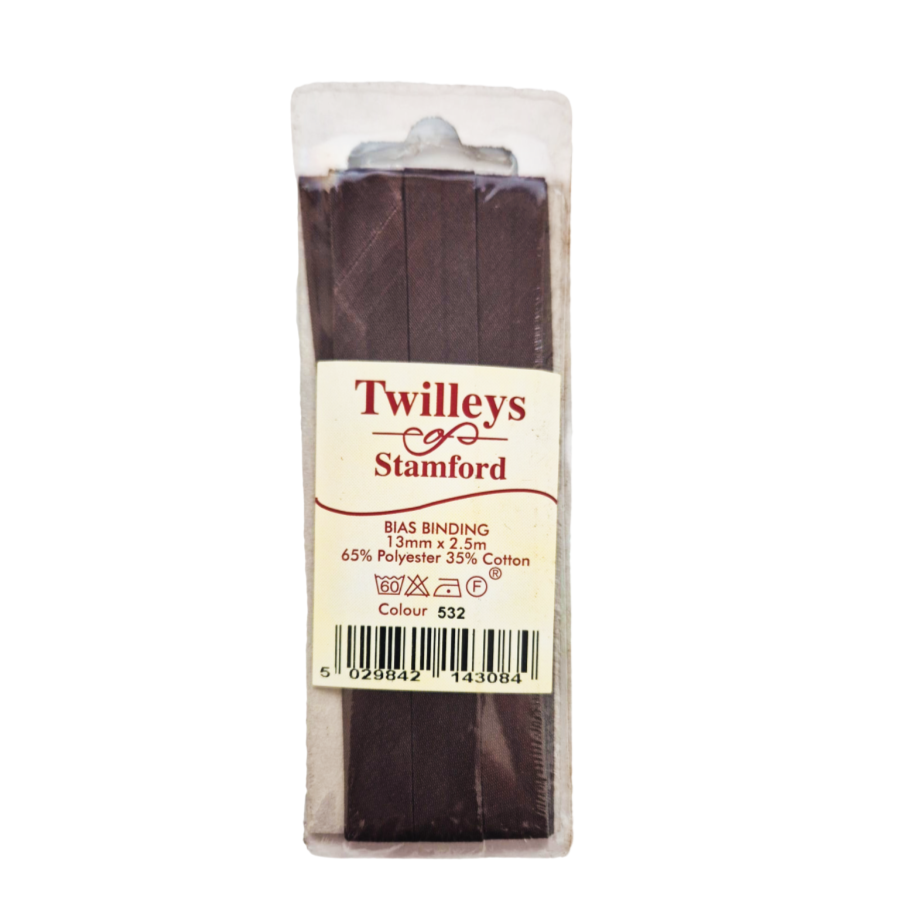 Twilleys of Stamford - Bias Binding Tape - 13mm Wide x 2.5 Metres - Brown