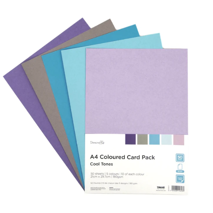 Dovecraft - A4 Coloured Card Pack - 50 Sheets - Cool Tones