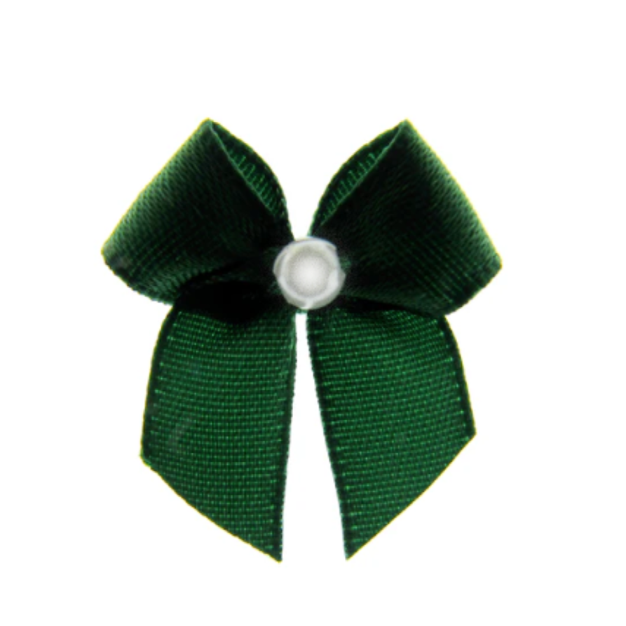 Trucraft - 22mm Dainty Satin Ribbon and Single Pearl Bows - Dark Green - Pack of 10
