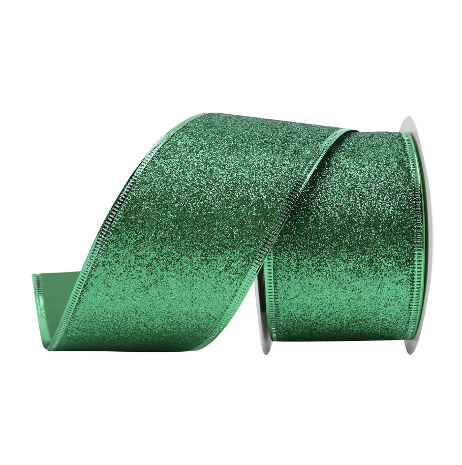 Habicraft - Wired Glitter Ribbon - 63mm Wide x 9.2m Roll -  Green