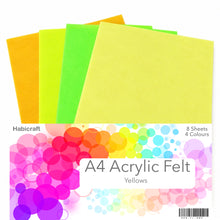 Load image into Gallery viewer, Habicraft - A4 Acrylic Felt Sheets - Yellows - Pack of 8 Sheets
