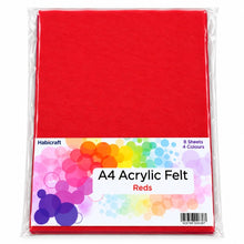 Load image into Gallery viewer, Habicraft - A4 Acrylic Felt Sheets - Reds - Pack of 8 Sheets
