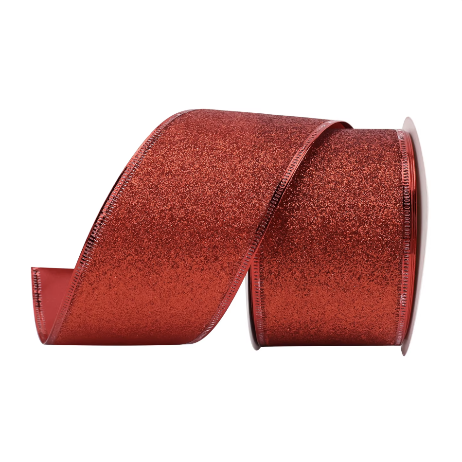 Habicraft - Wired Glitter Ribbon - 63mm Wide x 9.2m Roll -  Red