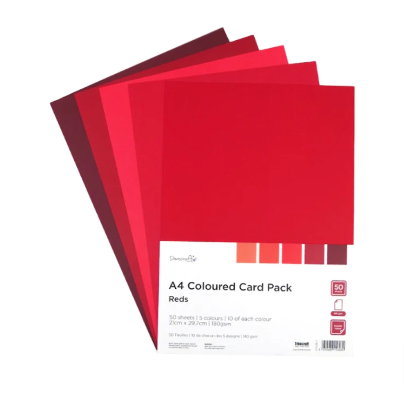 Dovecraft - A4 Coloured Card Pack - 50 Sheets - Reds