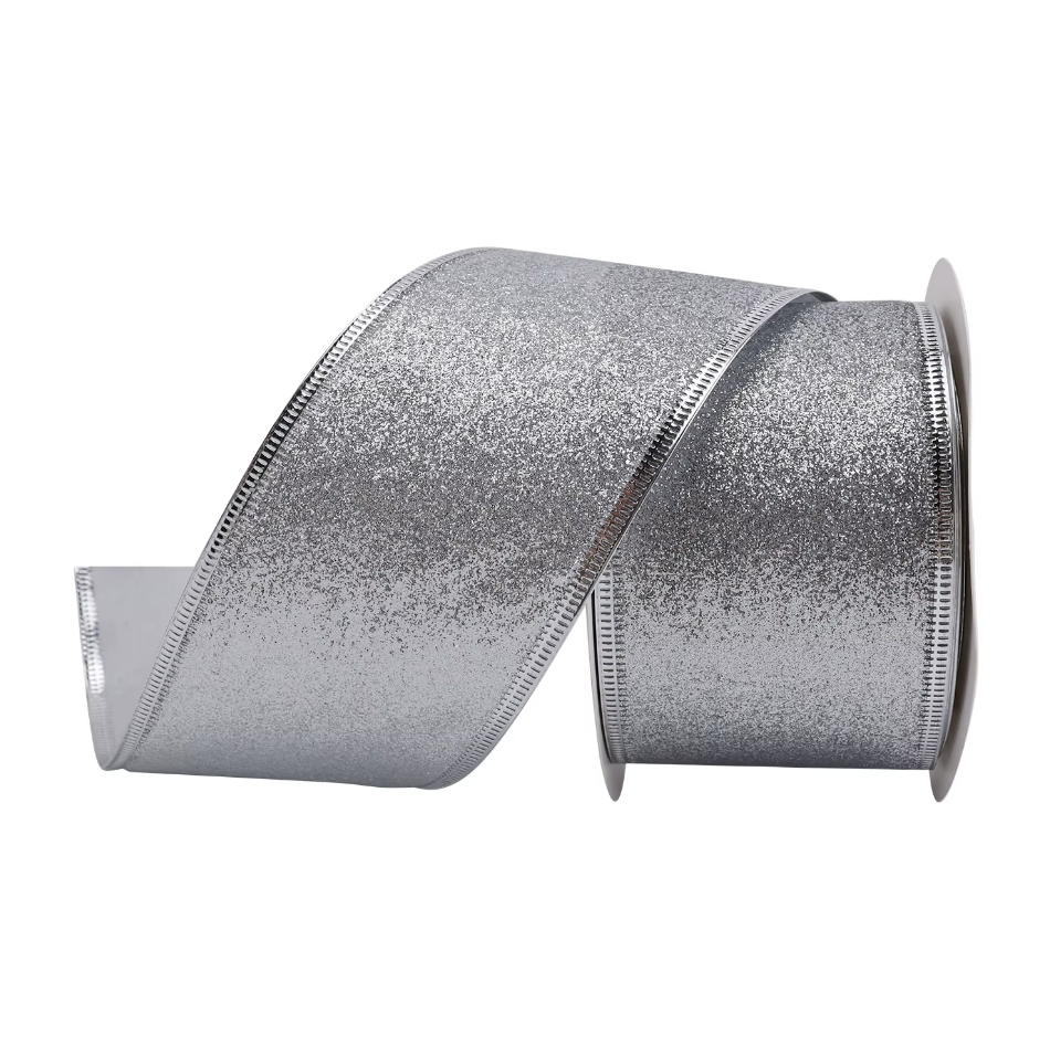 Habicraft - Wired Glitter Ribbon - 63mm Wide x 9.2m Roll -  Silver