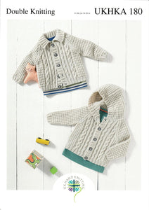 www.thecraftshop.net UKHKA - Knitting Pattern - Baby Hooded or Flat Collared Cable Knit Cardigan