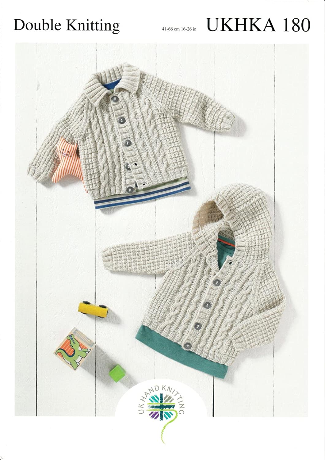 www.thecraftshop.net UKHKA - Knitting Pattern - Baby Hooded or Flat Collared Cable Knit Cardigan