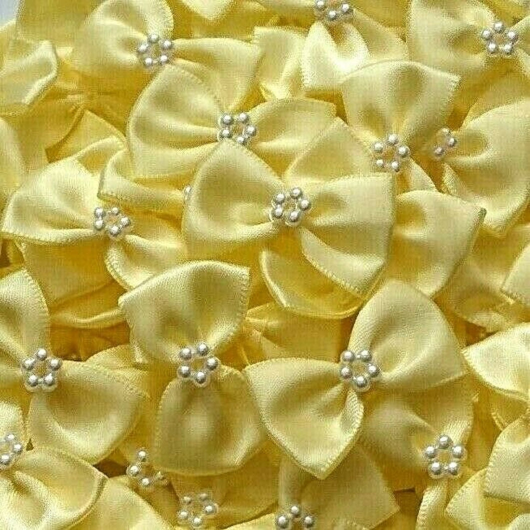 thecraftshop.net Trucraft - 3.5cm Satin Ribbon Pearl Bows - LEMON - Pack of 10
