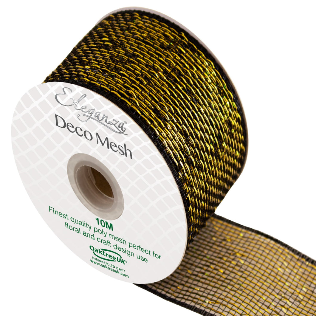 thecraftshop.net - Eleganza Deco Mesh - Metallic Ribbon - 63mm x 10m - BLACK GOLD 5055370639188