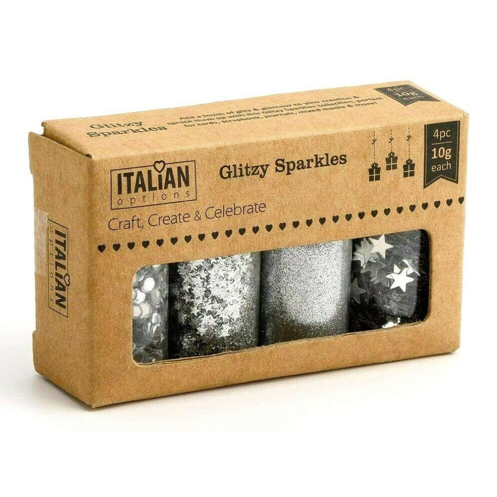 Italian Options - Christmas Craft Glitter Sparkles Sequins Gems Jar Set - Silver