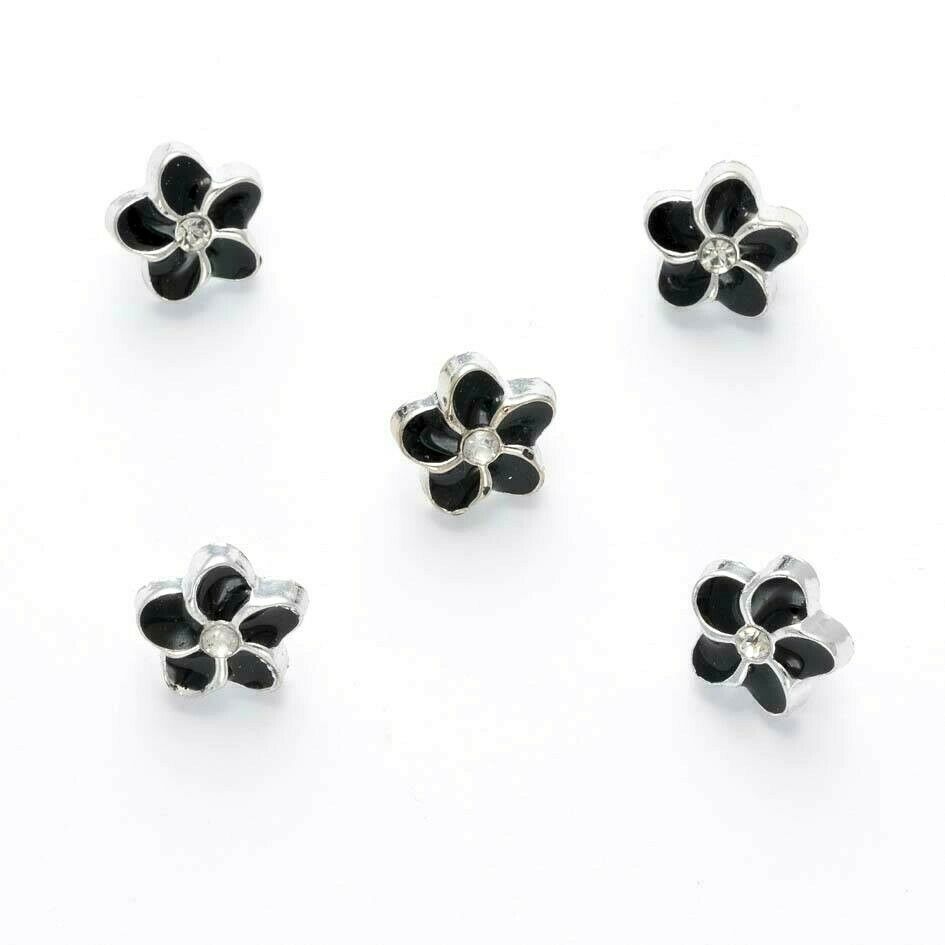 Trucraft - 11mm Silver Trim Black Diamante Flower Shank Buttons - Pack of 5