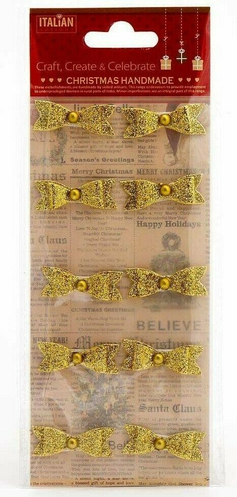 thecrafsthop.net Italian Options - Gold Glitter Fancy Bows Christmas Card Toppers - Pack of 10