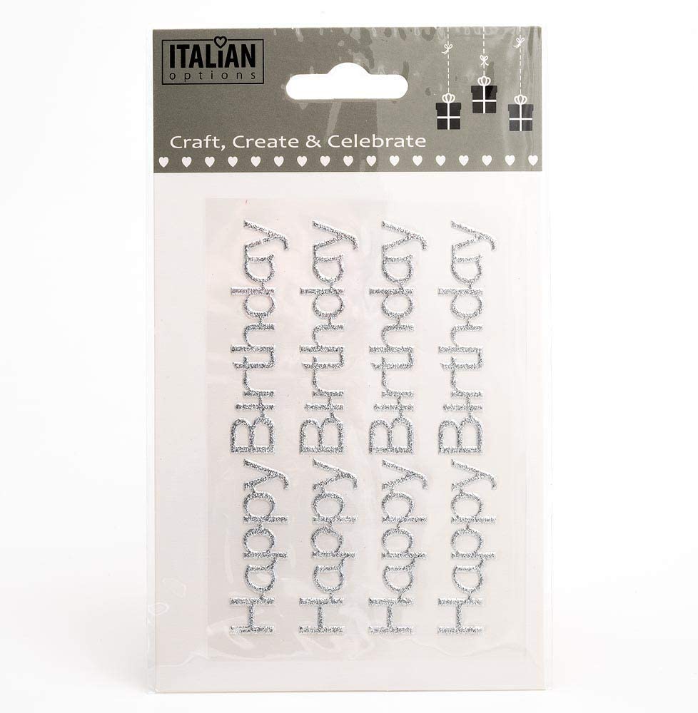 THECRAFTSHOP.NET Italian Options - HAPPY BIRTHDAY Stickers - Silver Glitter