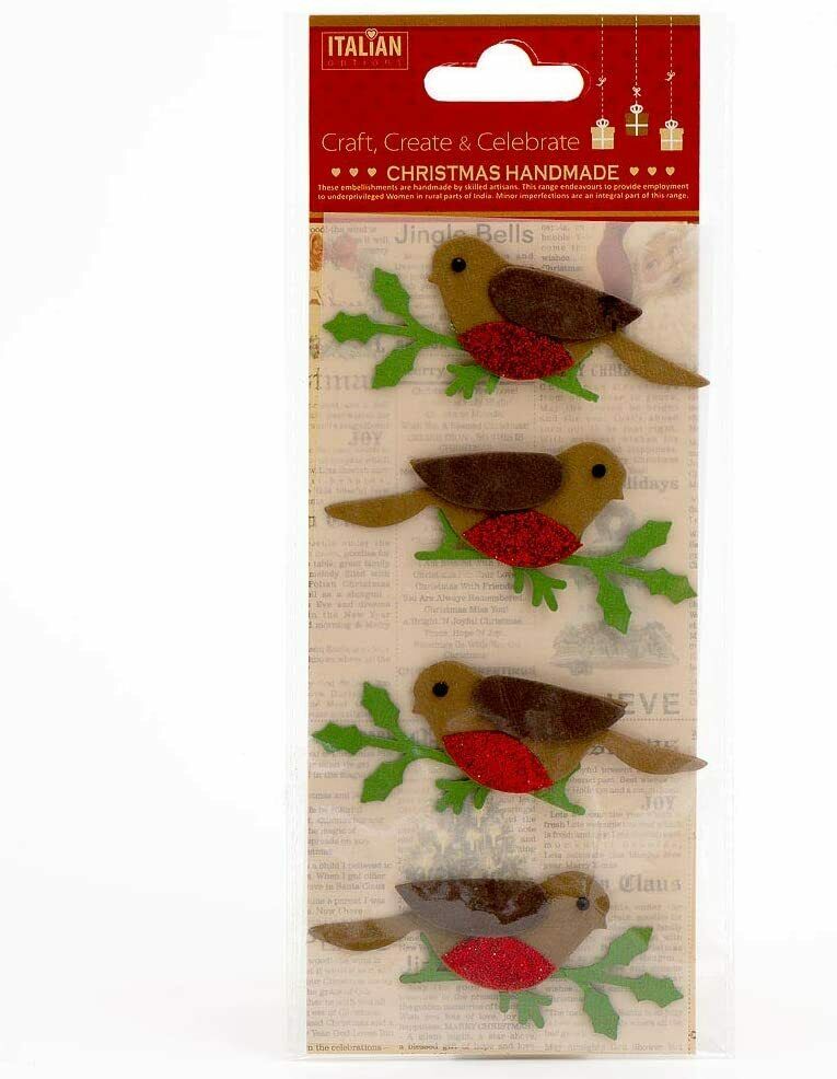 thecrafsthop.net Italian Options - Glitter Robins Christmas Card Toppers - Pack of 4