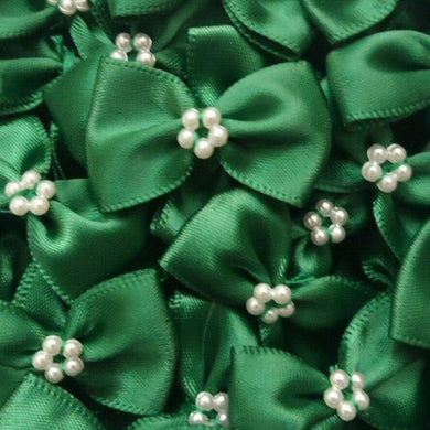 thecraftshop.net Trucraft - 3.5cm Satin Ribbon Pearl Bows - DARK GREEN - Pack of 10