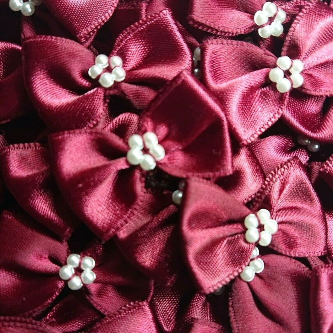 thecraftshop.net Trucraft - 3.5cm Satin Ribbon Pearl Bows - BURGUNDY - Pack of 10