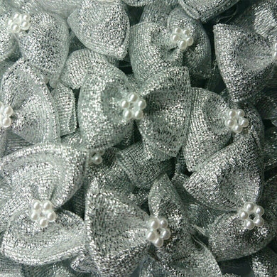 thecraftshop.net Trucraft - 3.5cm Satin Ribbon Pearl Bows - SILVER - Pack of 10