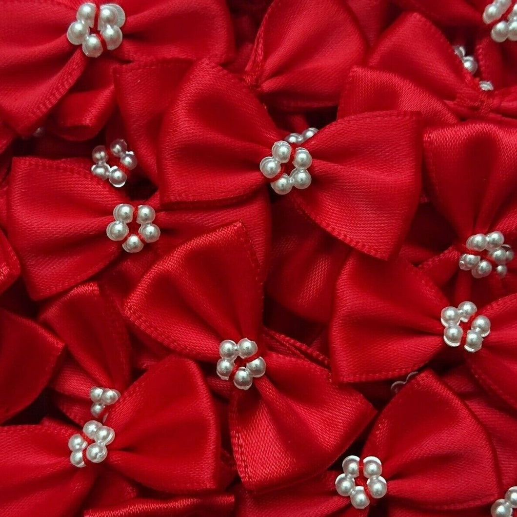 thecraftshop.net Trucraft - 3.5cm Satin Ribbon Pearl Bows - RED - Pack of 10
