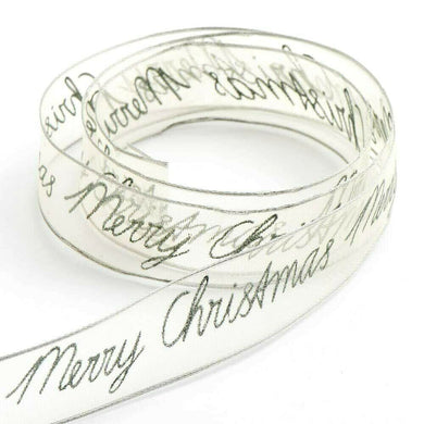 thecraftshop.net Italian Options - Merry Christmas Organza Wired Edge Ribbon - Silver